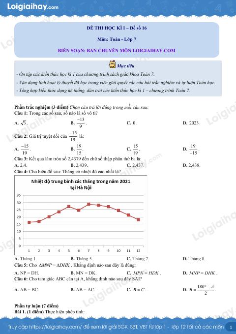 Đề thi học kì 1 Toán 7 Kết nối tri thức - Đề số 16